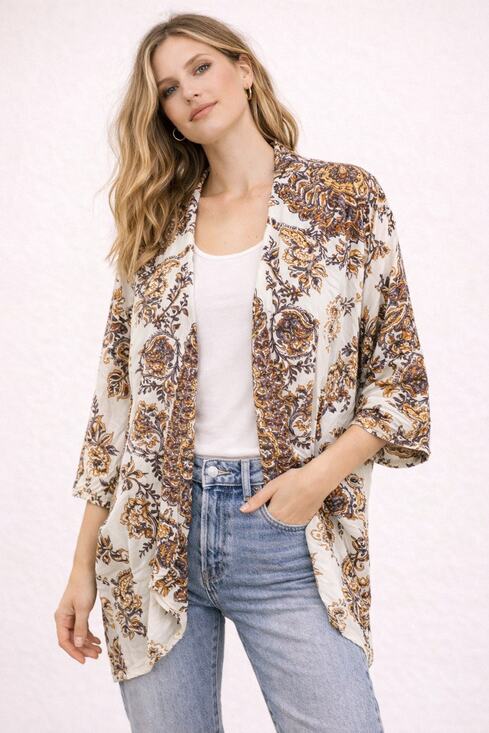 Billabong Other - Billabong Brown Floral Boho Kimono Open Front Lightweight Cover Up Kimono Large